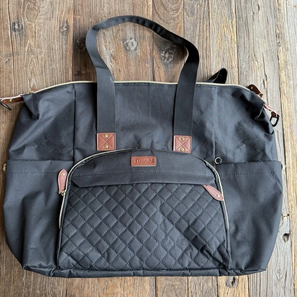 Tuwubi Quilted Diaper Bag NWOT Black Canvas Multi Pocket Shoulder Tote Baby Kids